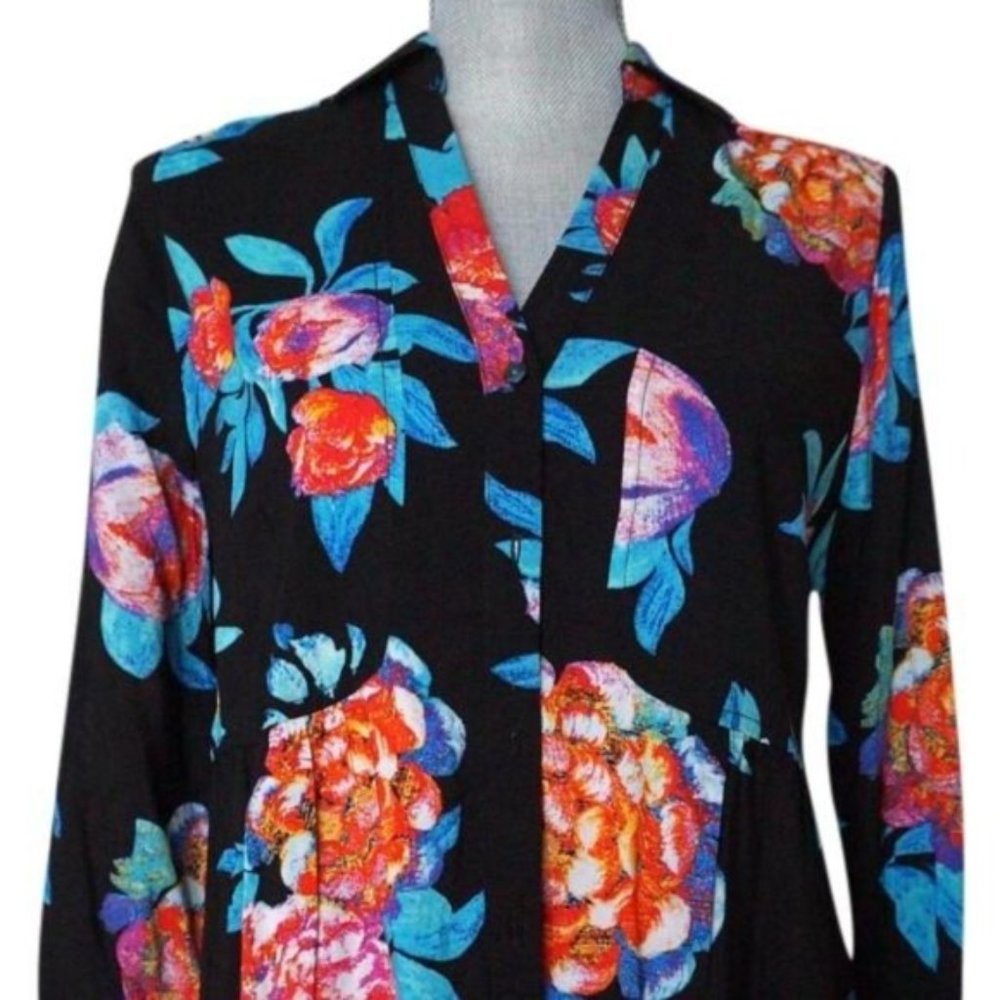 Anthropologie Black Floral Button-Down Shirt with Blue and Orange Flowers